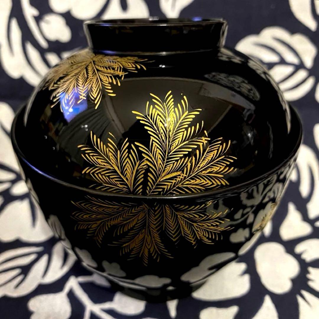 輪島塗　忍紋沈金　木製吸物椀　五客組　共箱有り　高級漆器　羊歯紋　雑煮椀・煮物椀