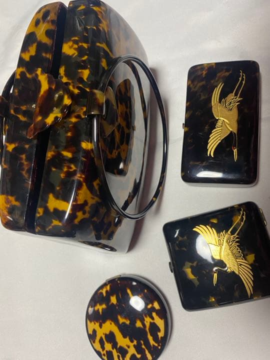 鼈甲　ハンドバッグ・コンパクト・タバコ入れ・札入れ　4点セット
