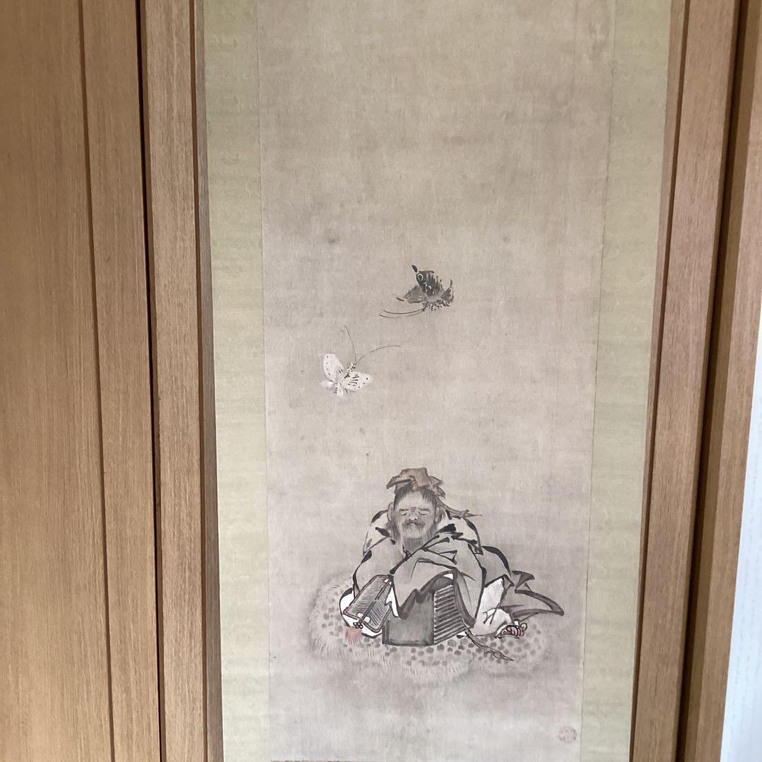 英　一蝶　　淡彩画　《　蝶に唐人図　掛軸一幅　》肉筆　鹿角　落款在　模写　237