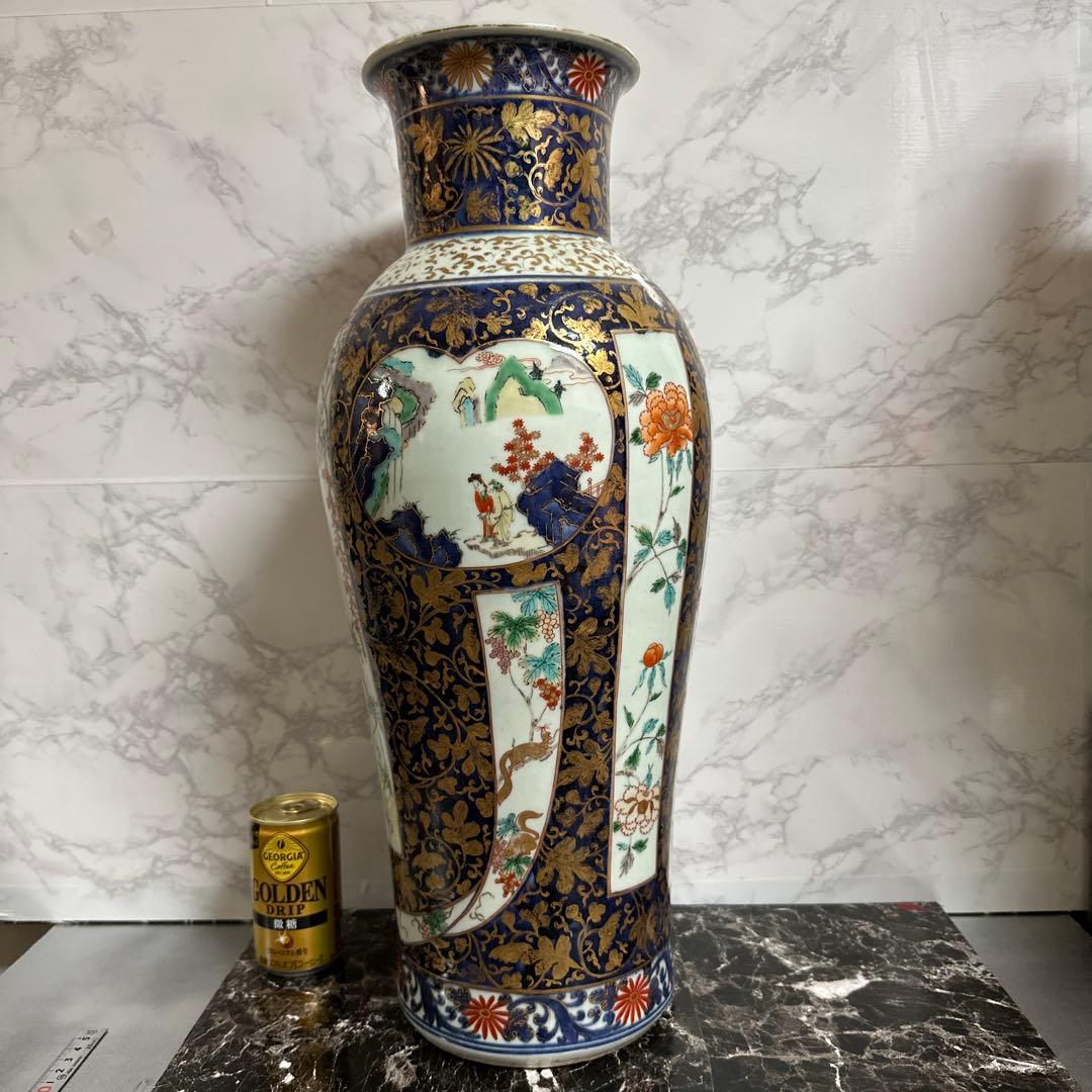 献上手、在名、特大、50センチ、古伊万里、金彩花鳥、人物、図、大花瓶。