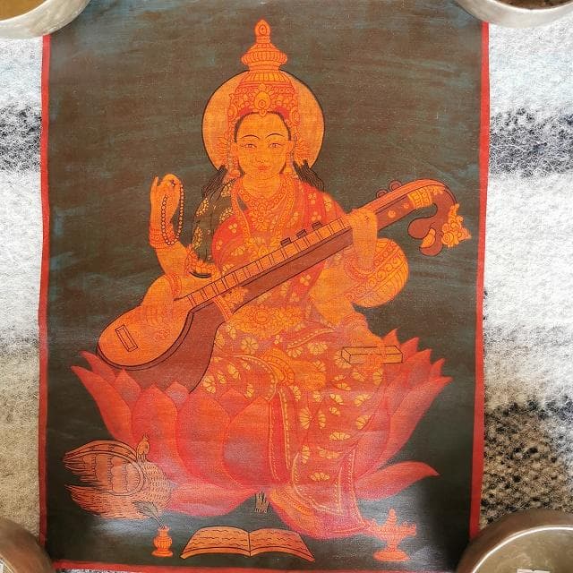 サラスヴァティ　弁財天：　タンカ　仏画（額縁なし）