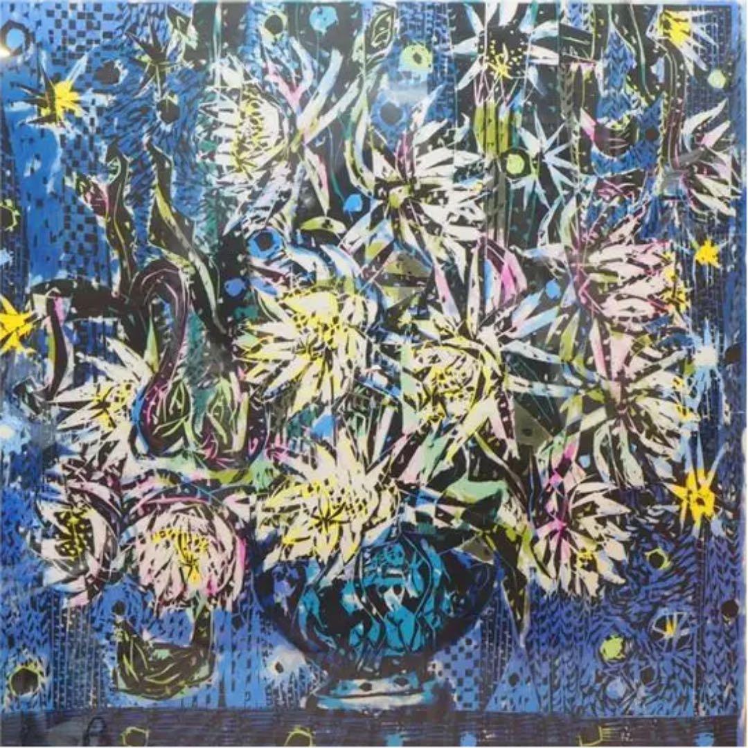 名嘉睦稔先生　裏手彩色木版画「星夜月下美人」