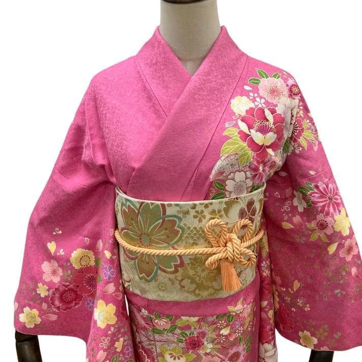 ※【美品】 振袖セット 成人式 正絹 古典柄 振袖 ピンク *131 ●