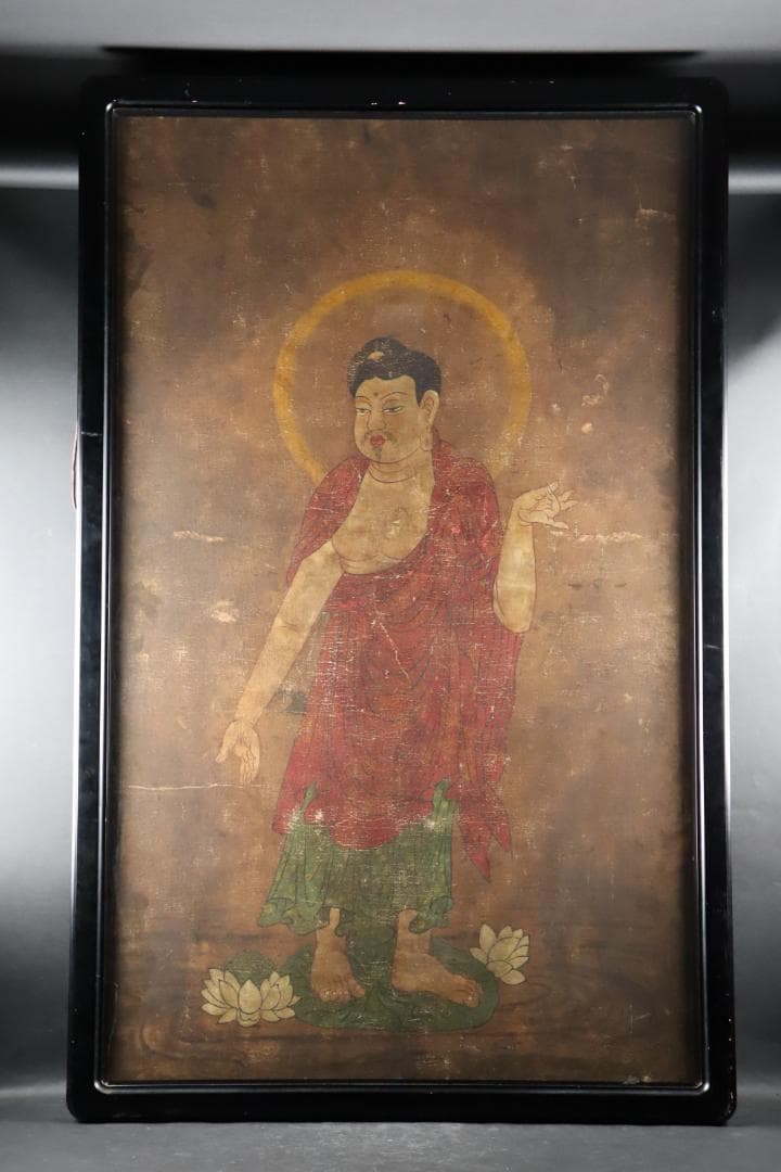 仏教美術 「阿弥陀如来図」 彩色 肉筆 60号 高麗仏画 時代古玩 唐物骨董