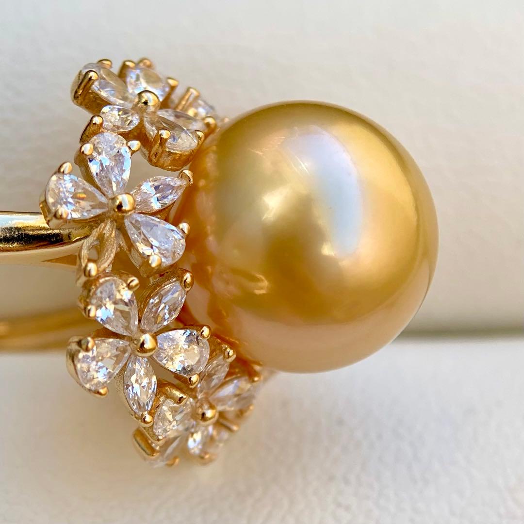 本真珠南洋白蝶真珠　茶金12.9㍉花モチーフs925リングY1018
