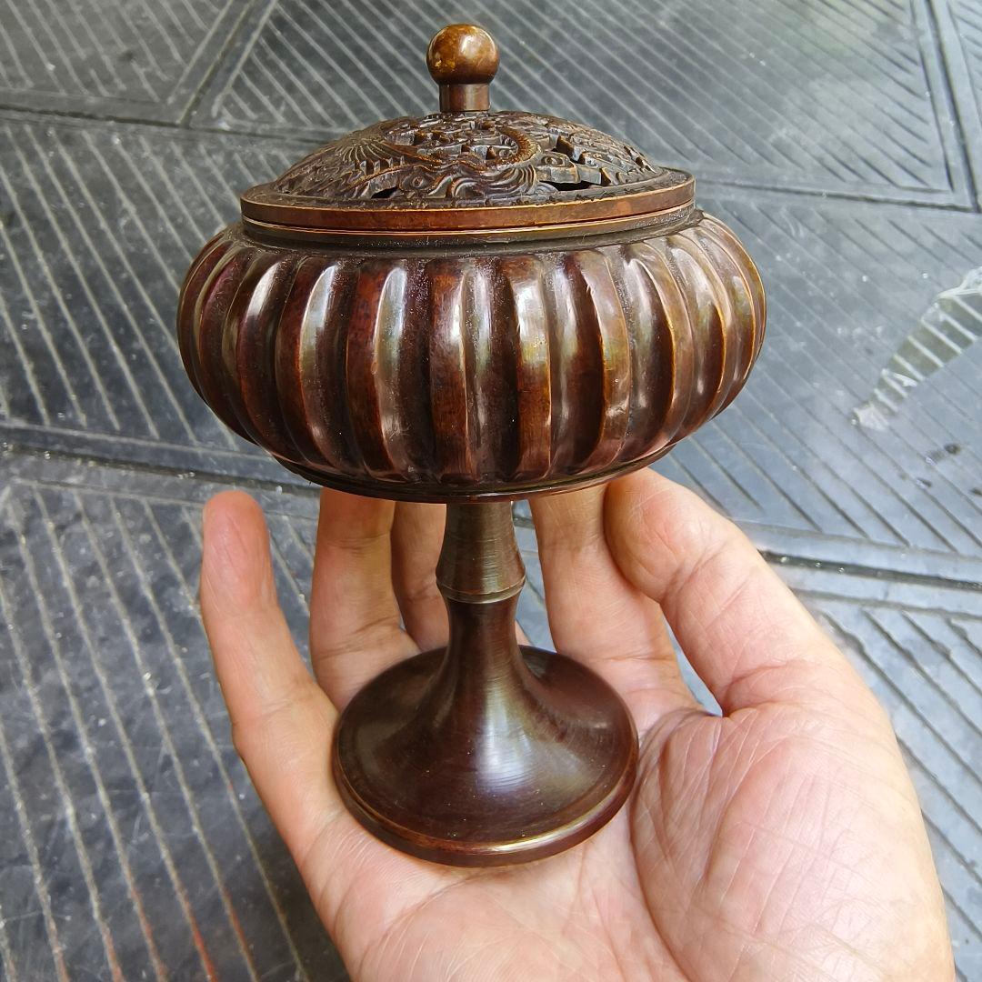 銅器 香炉 南瓜高脚盤香炉 傅山炉 応接間 茶室香薫炉 香道具 装飾品工芸品置物