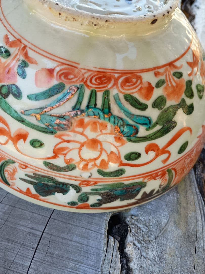 明末清初 呉須赤絵 見込み花図大鉢