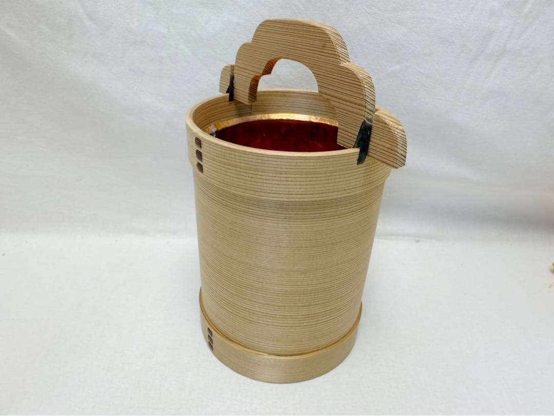 未使用 華道具 木具師 高木又三作 栗山桶 花入 手桶花器 銅落とし 刻印 共箱