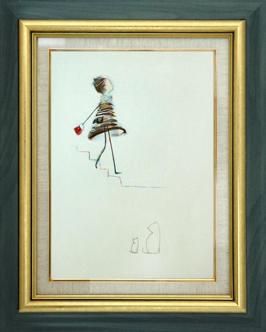 油絵 菅家令子 絵 絵画インテリア額付(黒) F4-040214 白猫親子女の子