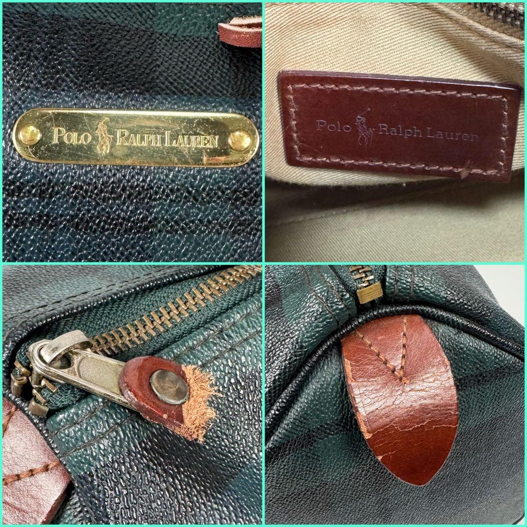 ラルフローレン ミニボストンバッグ ブラックウォッチ チェック グリーン レザー