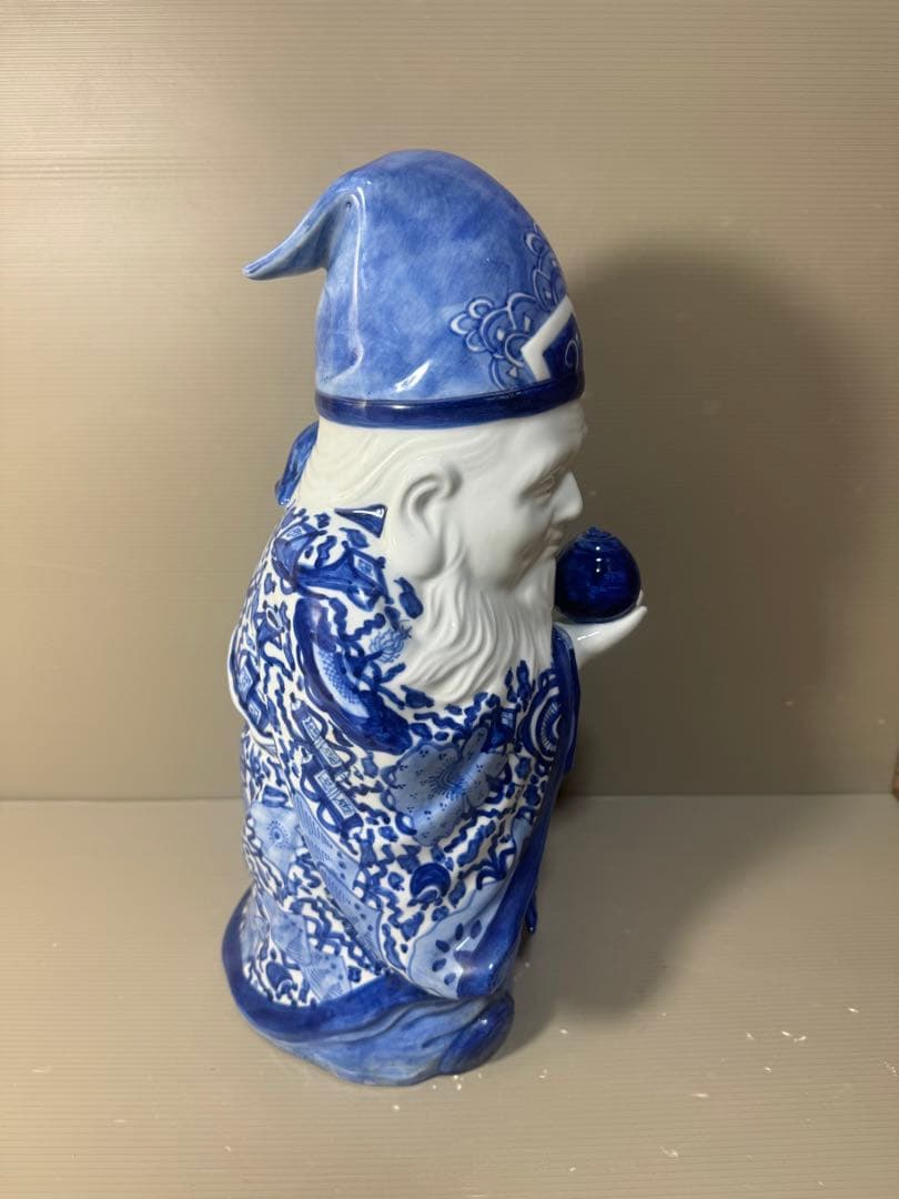 2625 九谷焼　八幡窯　菊仙　染付　寿老人　縁起物　置物　美品