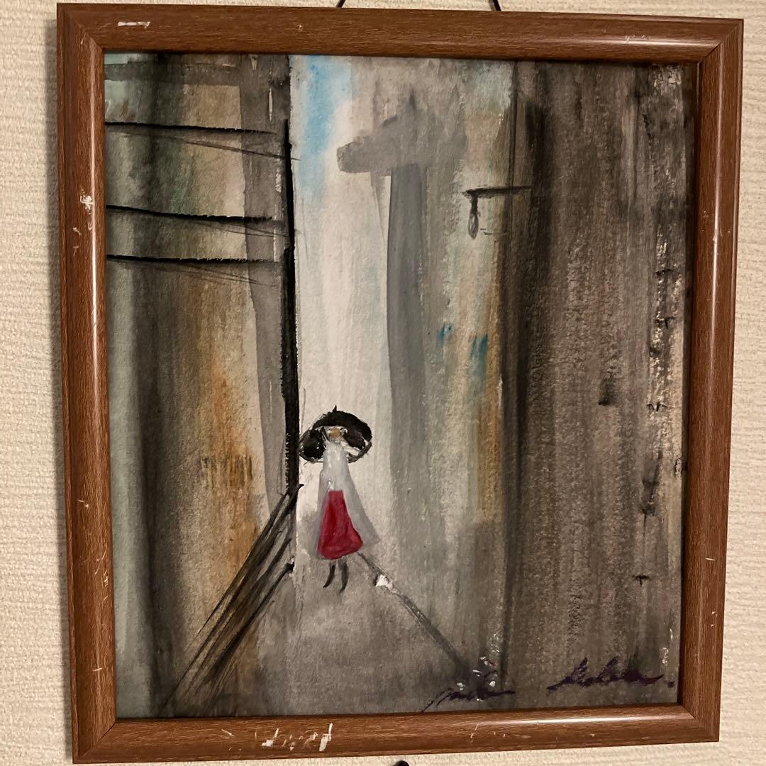 水墨画 女性と街並み 赤いドレス　フレームなし