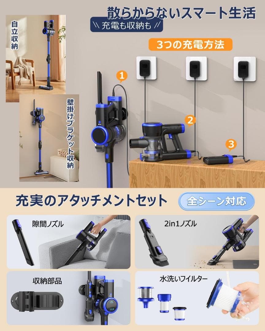 掃除機 コードレス【腰痛ゼロフレックスネック設計】45kPa 超強力