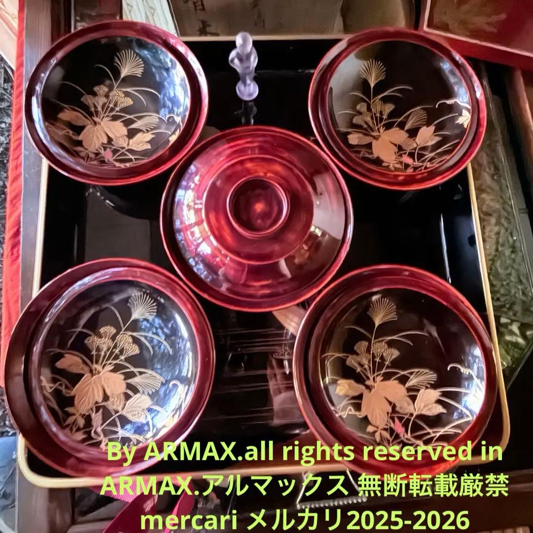 2215様感謝‼️感謝特別価格‼️超絶JAPAN蒔絵あけぼの❌黒蒔絵茶懐石吸物椀5客
