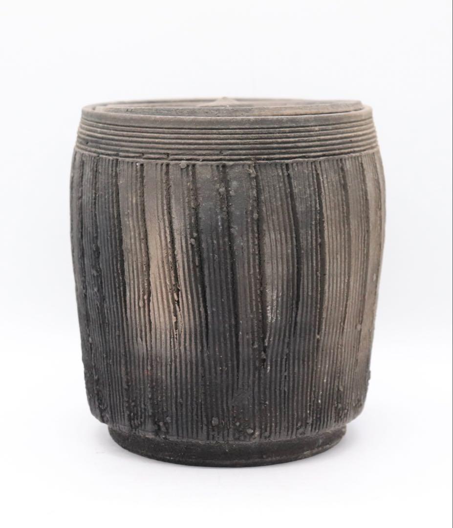 坂田甚内作　黒陶窯変深甚紋水指　茶道具　送料込み250825