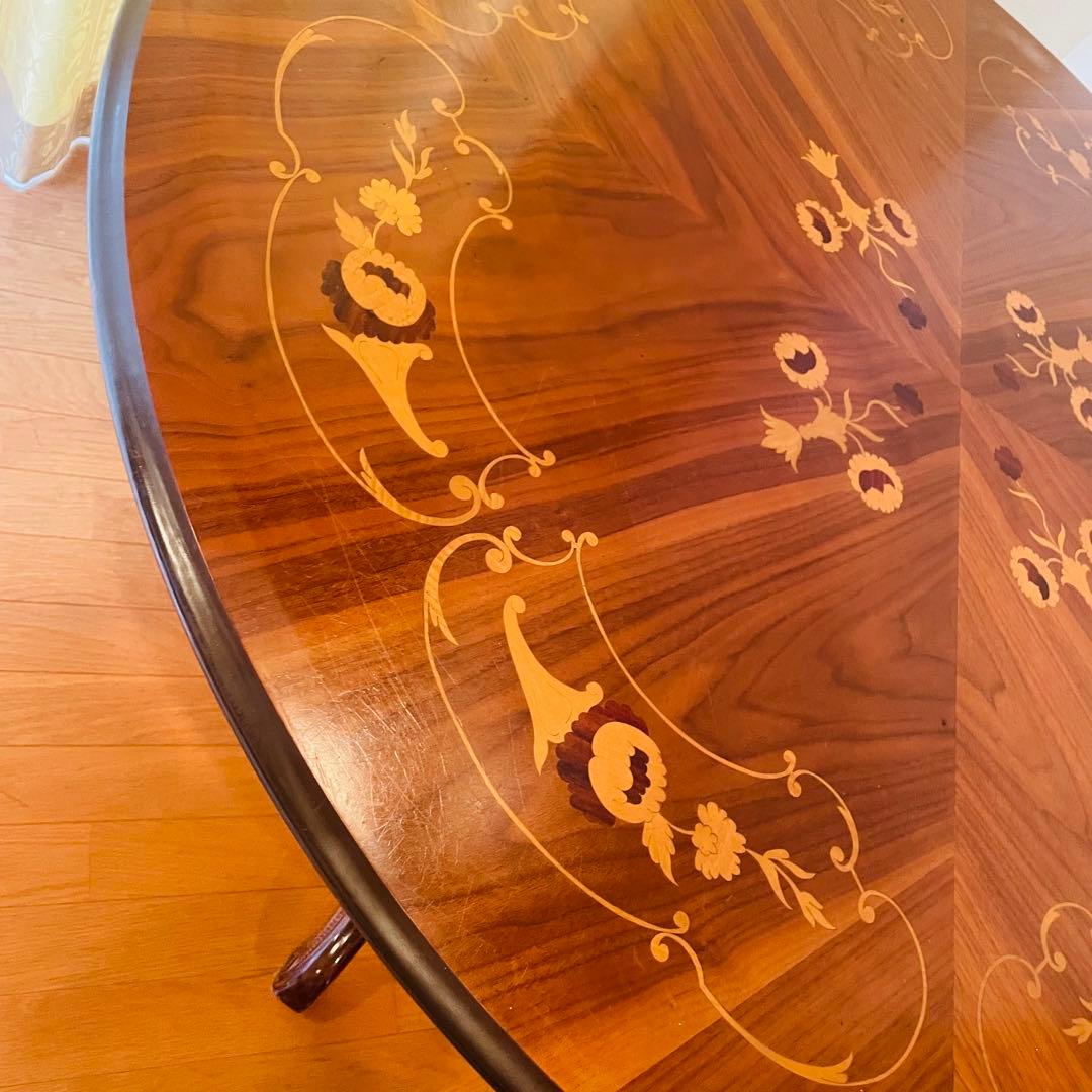 イタリア製 アンティーク調 象嵌 猫脚 丸型 ダイニングテーブル ラウンド 木