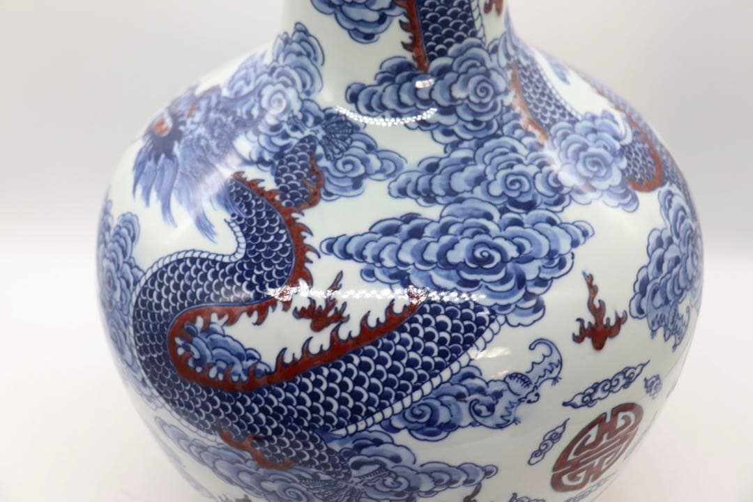 中国　青華釉裏紅　龍紋大瓶　大清康熙年製銘　高さ48cm 送料込み260124