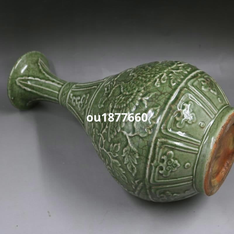 青磁浮彫り鳳紋玉壺春瓶 景徳鎮 陶磁器 装飾品 現代工芸品 美術品 置物