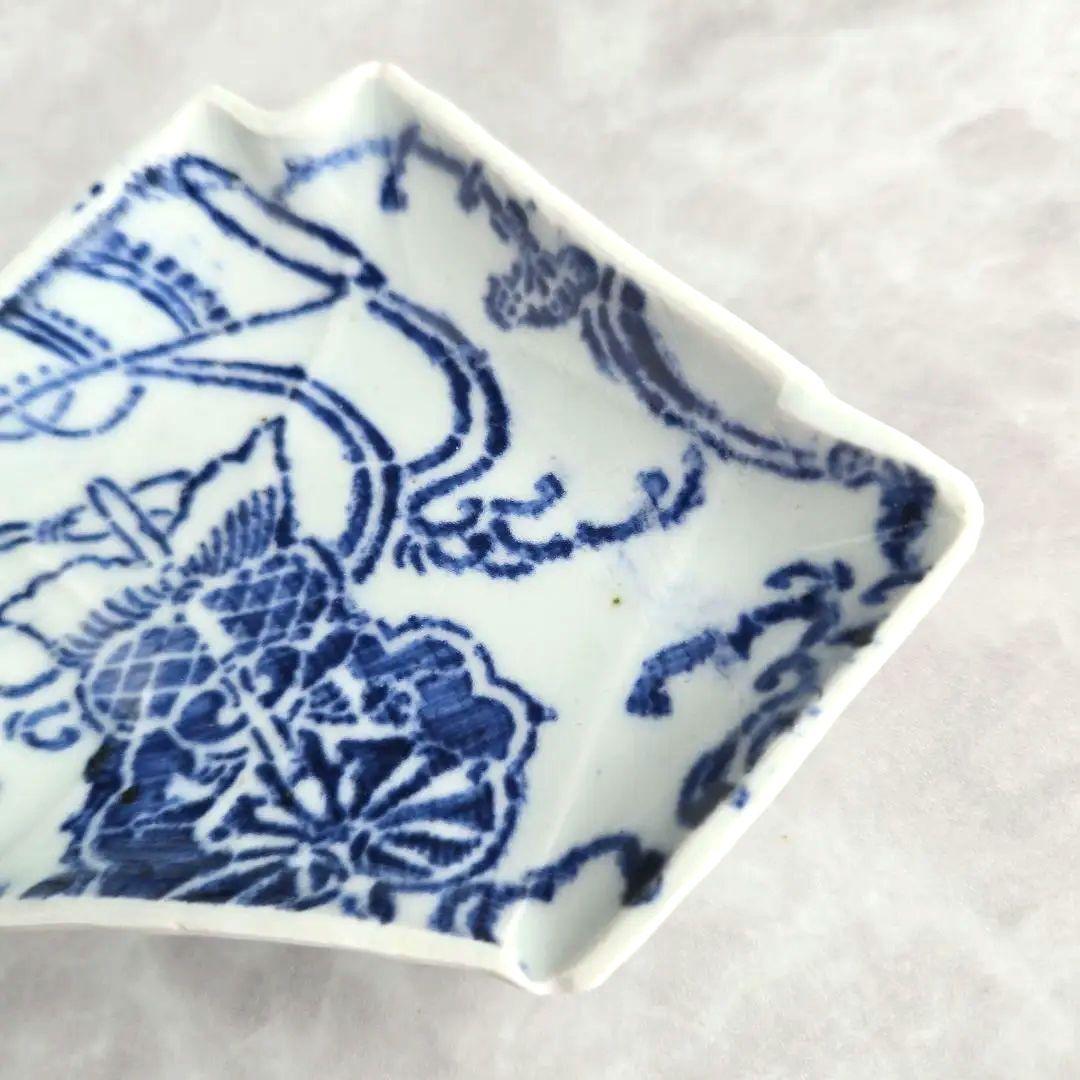 古伊万里　染付小皿　型紙摺　印判　軍配　上手　型物　骨董品　アンティーク　金継ぎ