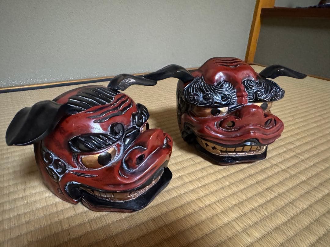 母のお茶道具の仲間たち　 レトロ 獅子頭 雄雌木彫 最大幅21〜25、高13cm