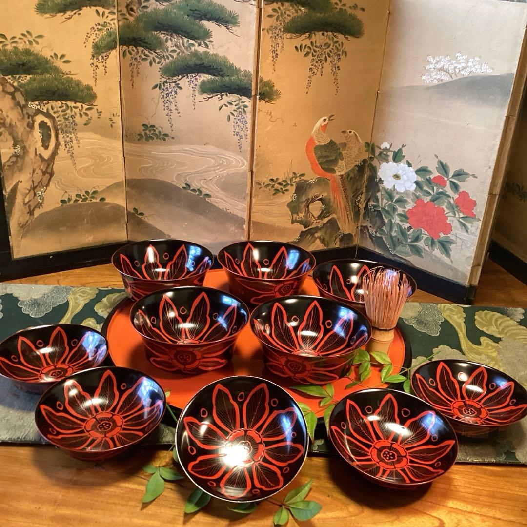 A1055 木製輪島塗　吉野椀　芙蓉紋様　吸い物椀　5客