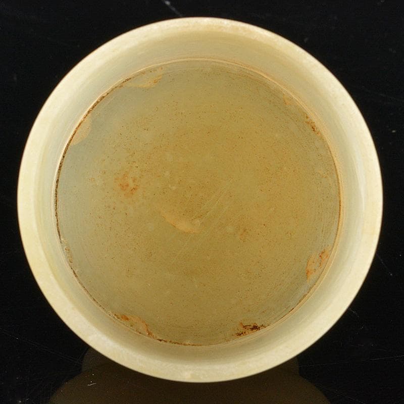 中国　玉石白玉彫刻　煎茶碗　赤珊瑚摘唐木蓋　M　R5351