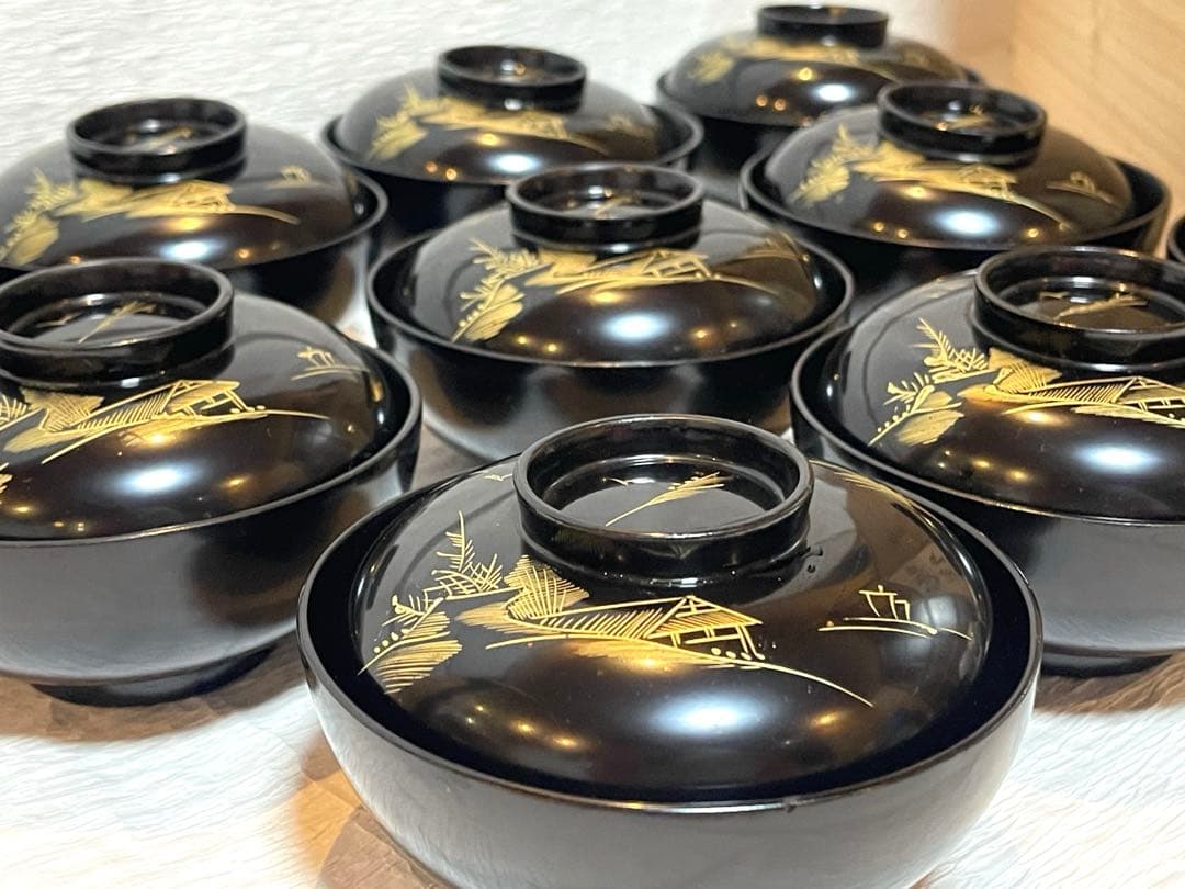 木製漆器 吸物椀 金蒔絵 骨董 時代物 アンティーク　１０客151
