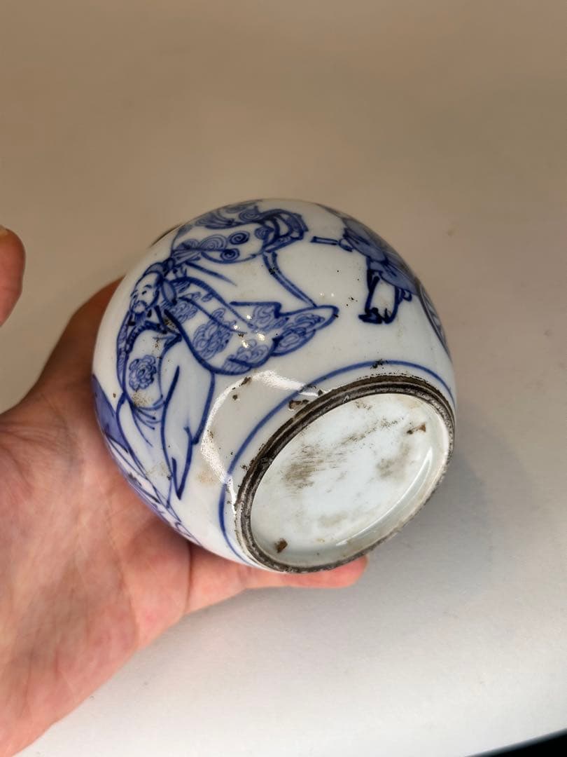 中国清代　人物染付茶葉缶　錫蓋　二重蓋　手描き　古美術　中国古陶磁　茶道具