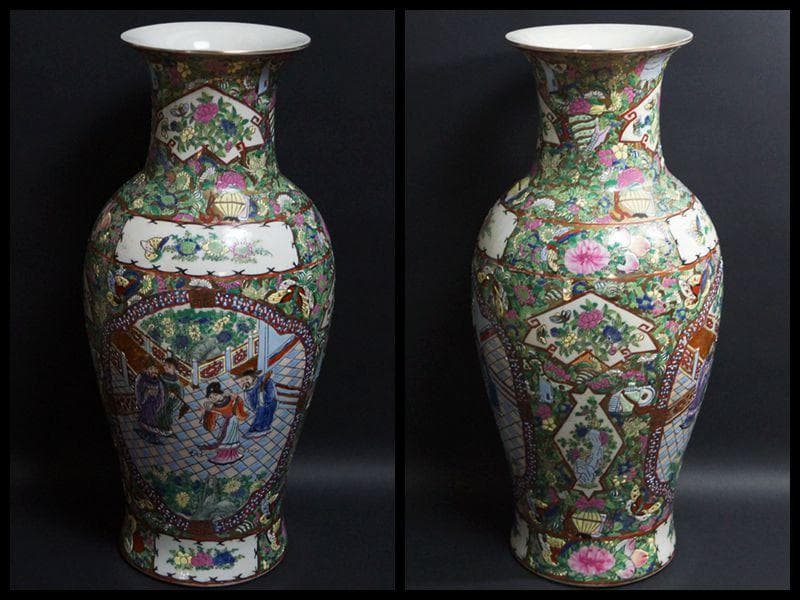乾隆年製在銘 粉彩色絵窓絵『人物花蝶祥瑞文』大型飾壺 花瓶 高46.5cm