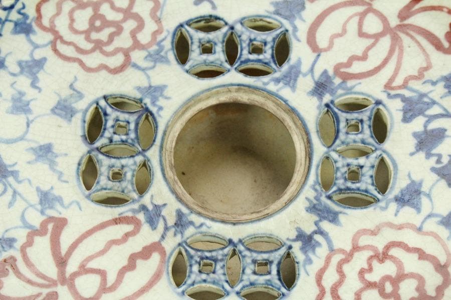 中国美術 赤絵青花 纏枝蓮花紋 壷盤 φ30.5cm(LC178)