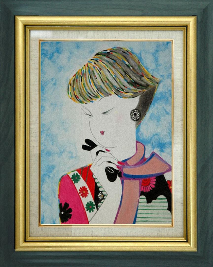 油絵 菅家令子 絵 絵画 インテリア 額付(青緑＋銀) F3-010311 女性
