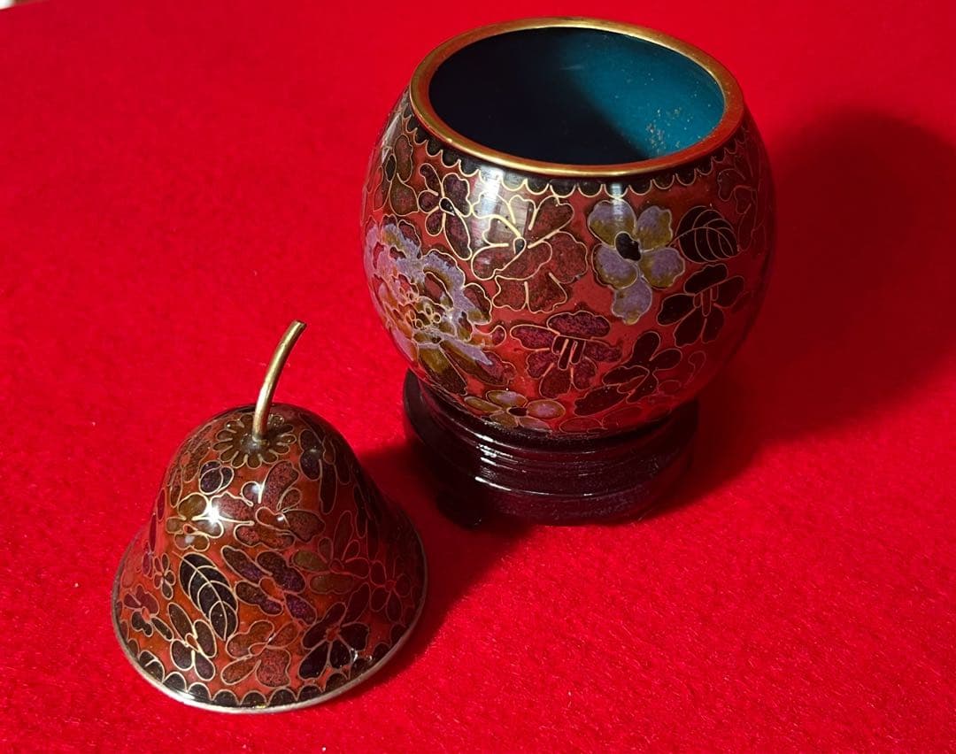 中國美術 景泰蓝 七宝焼 梨香合 香道具 台座付き