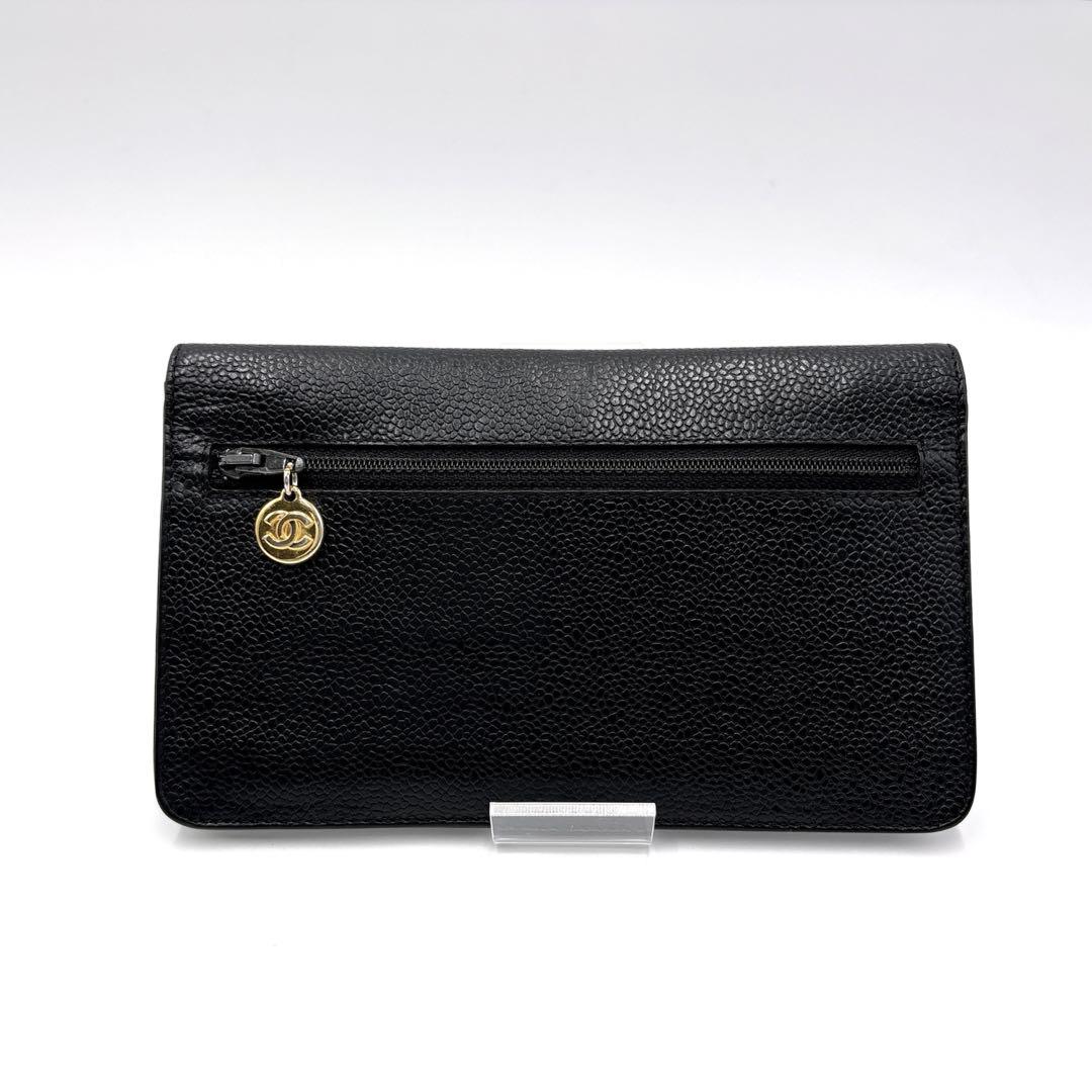 【美品】CHANEL シャネル ココマーク キャビアスキン 折り財布 ゴールド