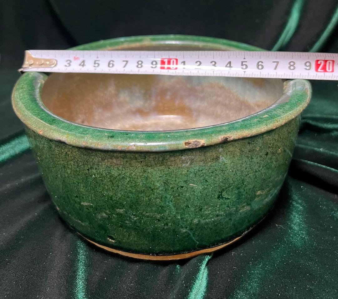 中国清朝在銘（石湾和安造）緑釉陶器 古美術 骨董品高さ8.5cmx口径19cm