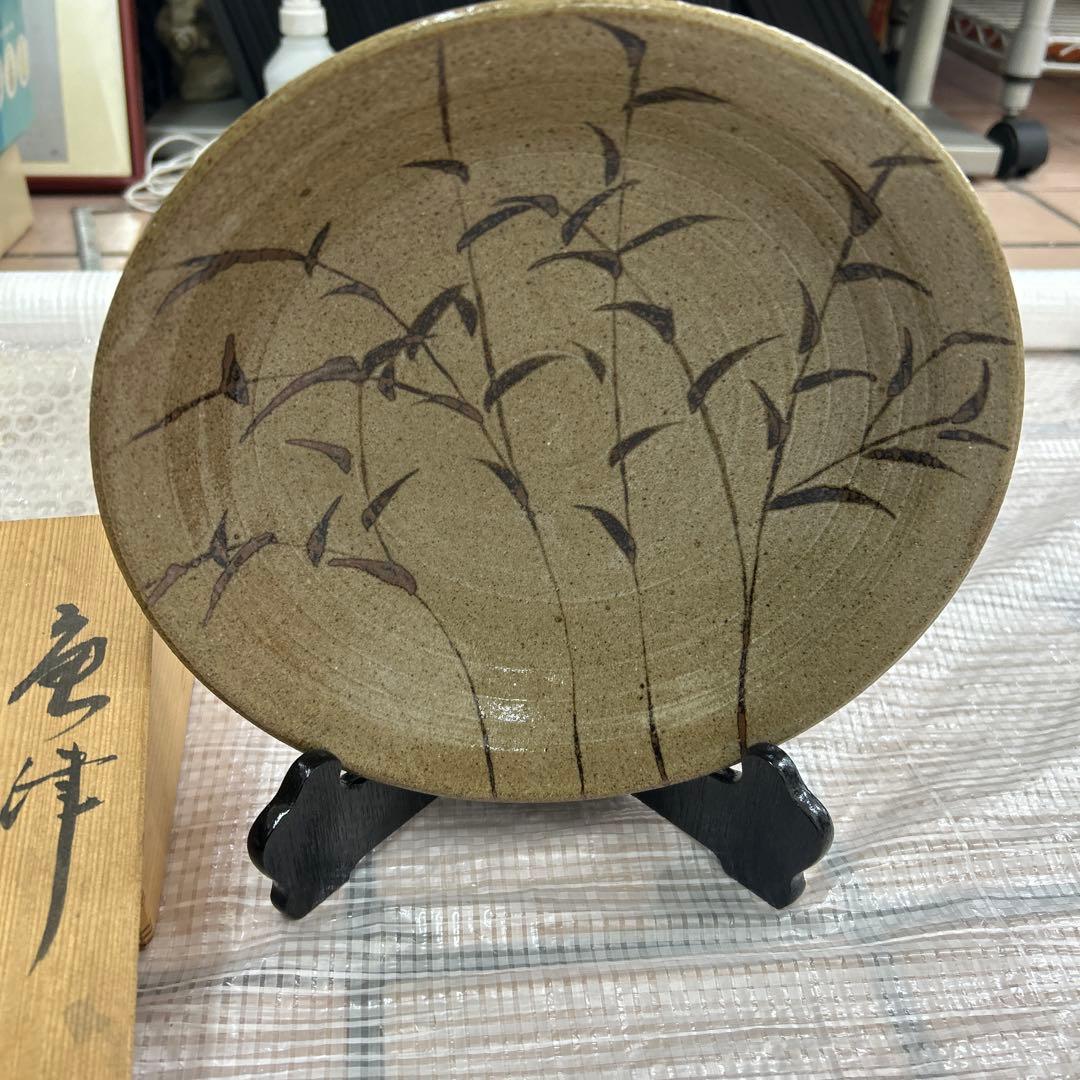 大皿■絵唐津笹紋皿 唐草 飾り皿 料理皿 粉引 古美術 時代物 骨董品■落款入り