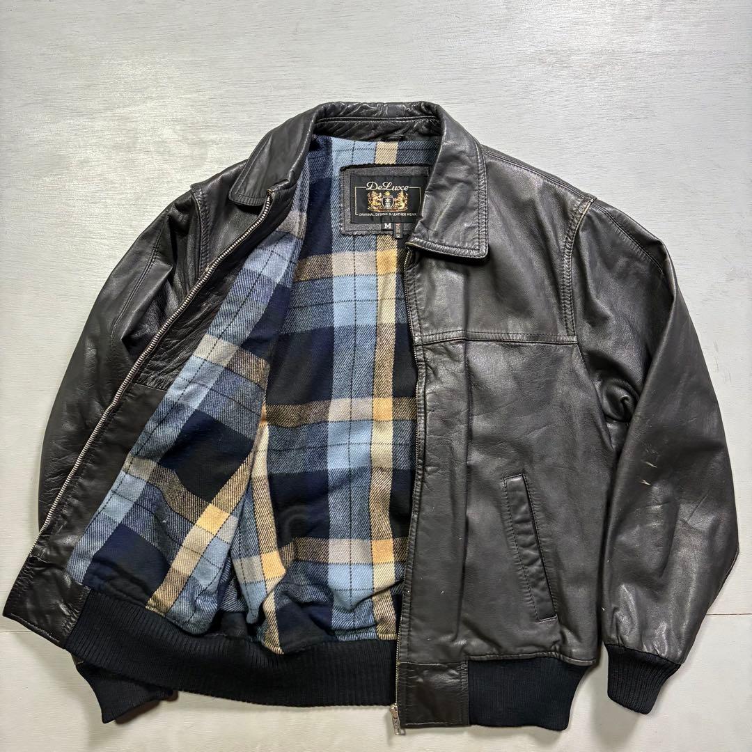 vintage レザージャケット　ブルゾン　本革オールレザー　チェック　短丈　M
