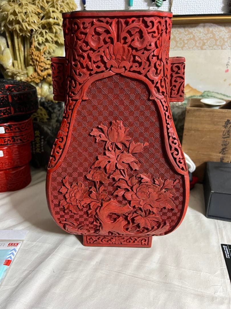 雕漆花瓶 堆朱 中国古美術