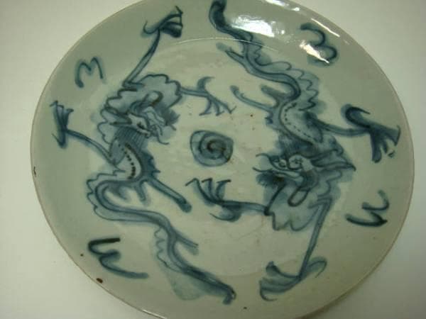 皿■古い中国染付け双龍紋中皿 砂高台 古玩 唐物 中国 古美術 時代物 骨董品■