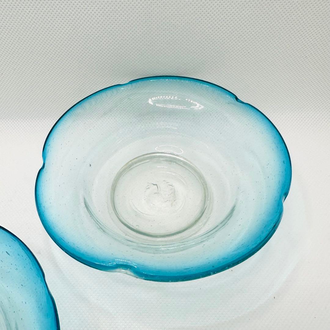【希少】青縁 氷ガラス ボウル アイスグラス 食器 気泡 アンティーク　2客
