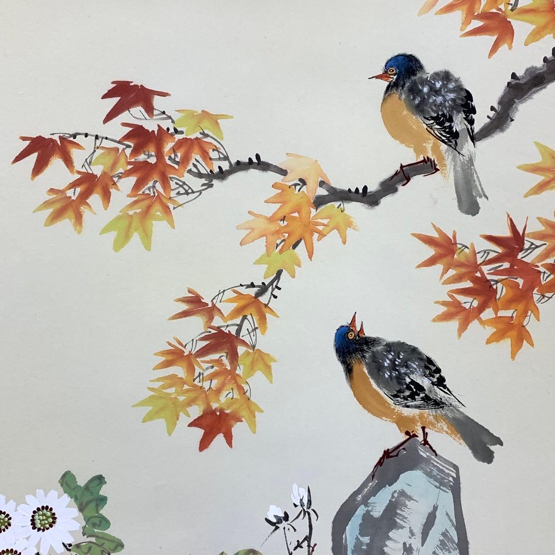 掛軸 簡大神 秋菊 紙箱 画賛 書 花鳥図 秋 小禽 紅葉 7-9