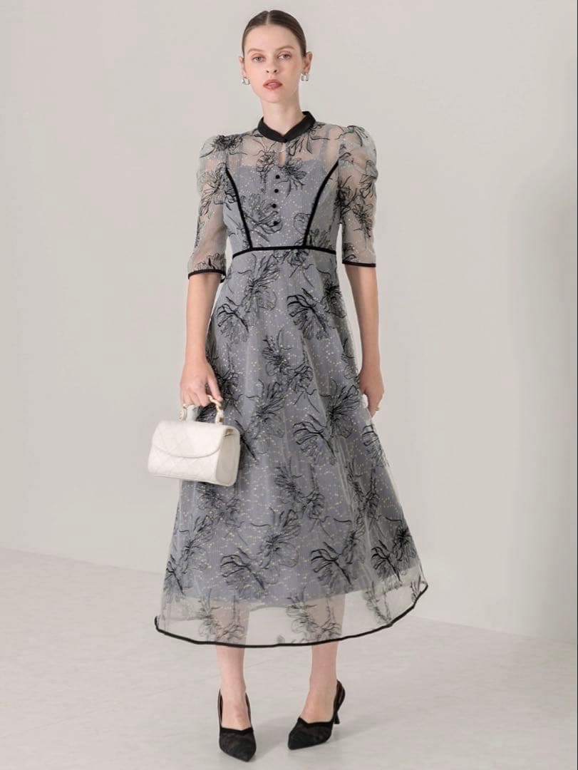 パイピングハイネック花柄ラメレースワンピースドレス結婚式パーティー二次会成人式