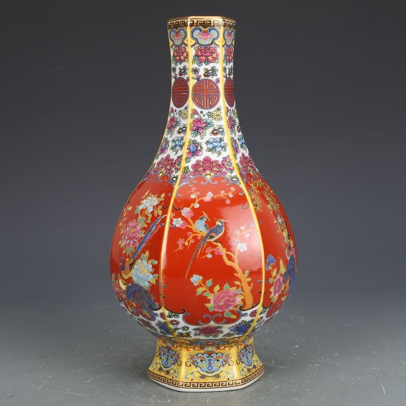 エナメル色磁器花鳥瓶  景徳鎮 陶磁器 装飾品 現代工芸品 美術品 置物