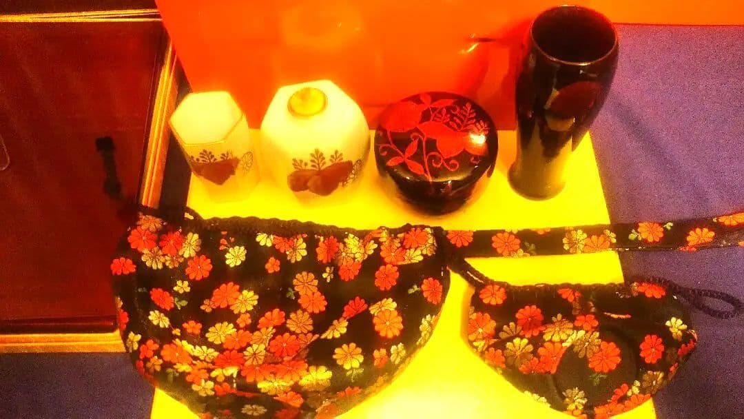 茶箱、根来塗木製と付属品9種付