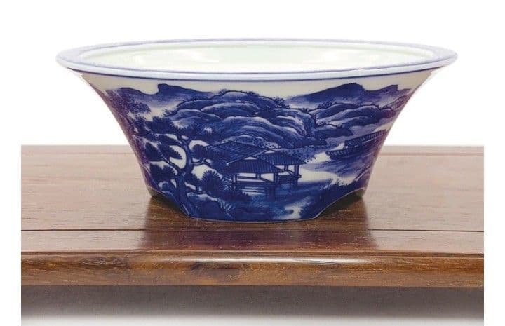 すさまじい筆致！染付山水図丸鉢 /盆栽/小品盆栽/盆栽鉢/植木鉢/谷樂方山