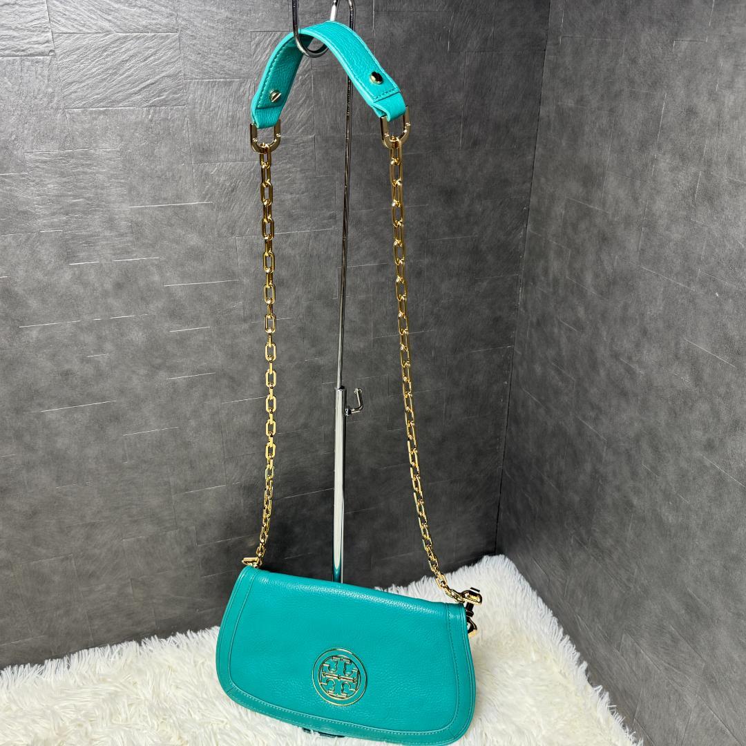 美品⭐︎トリーバーチ ショルダーバッグ　パーティ　チェーン　保存袋付き　ターコイズ