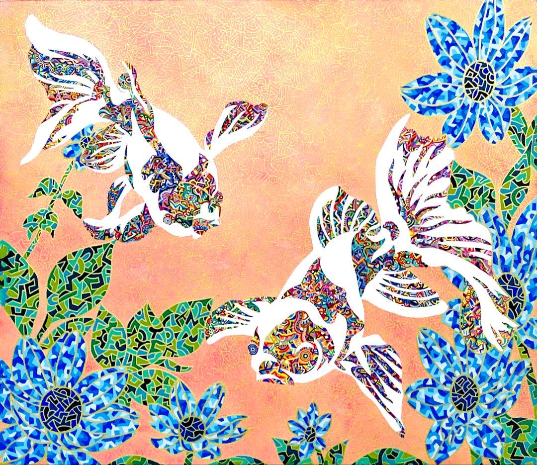 原画　金魚　動物画　絵画　アクリル画　現代アート　細密画　手描き　一点物
