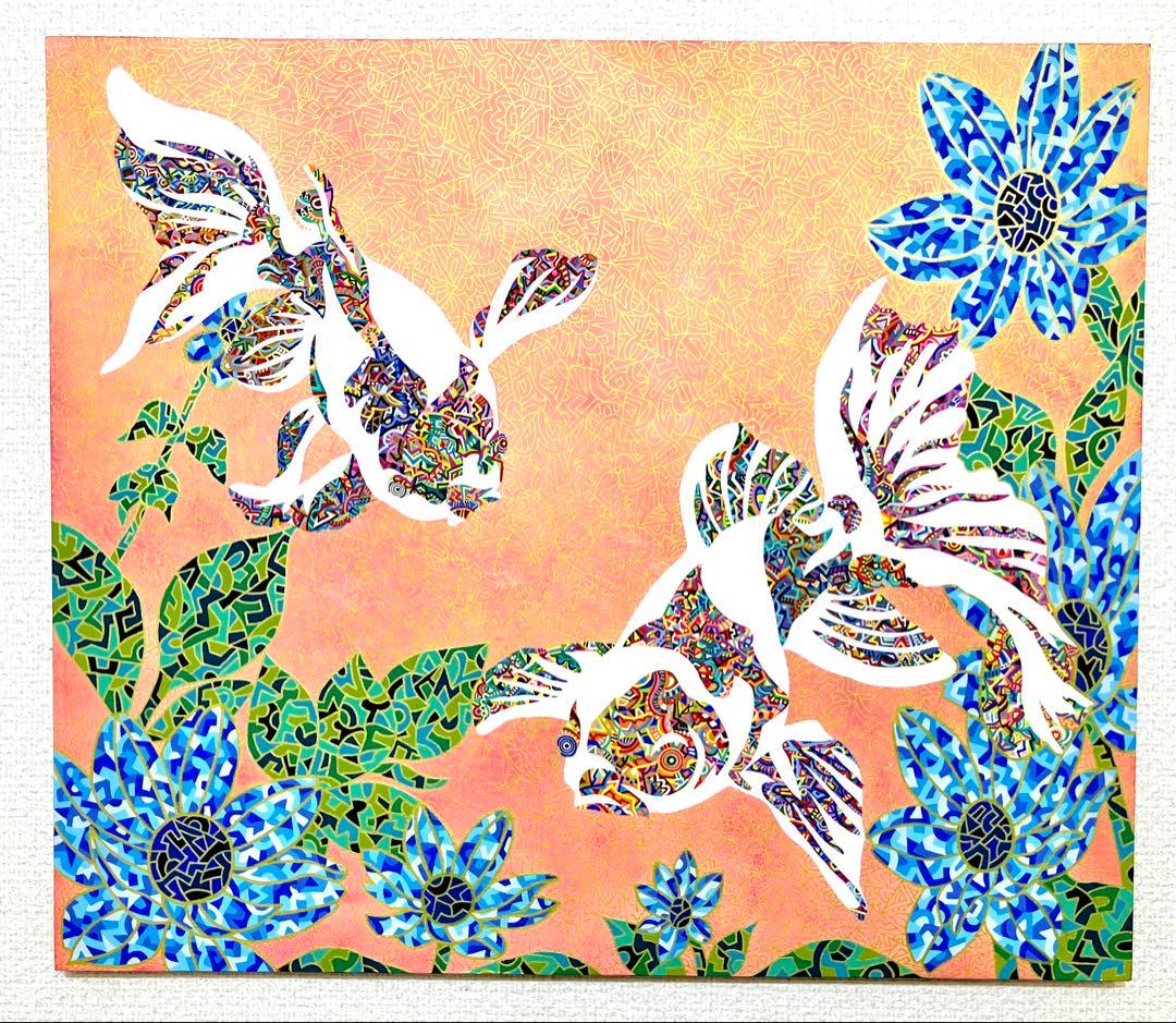 原画　金魚　動物画　絵画　アクリル画　現代アート　細密画　手描き　一点物