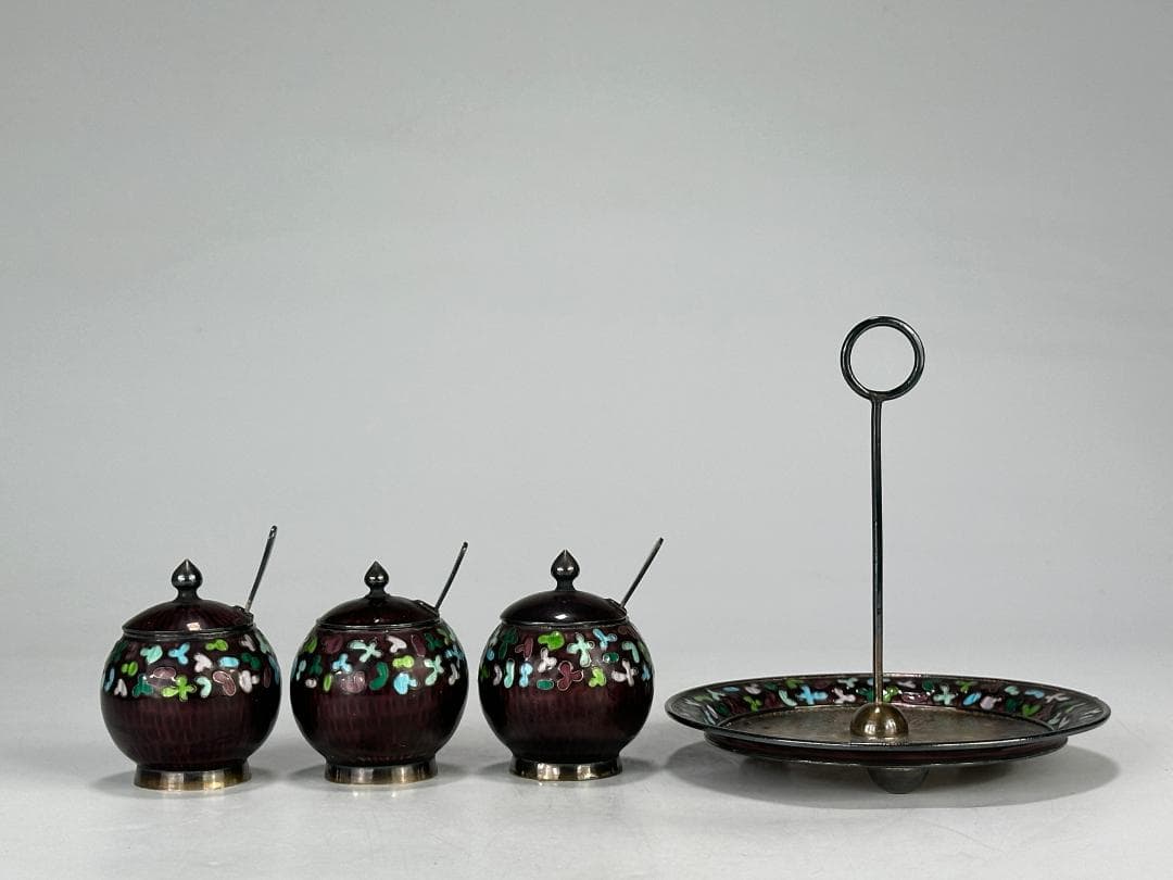 韓国美術　純銀製　刻印有　調味料入　七宝　茶器　茶道具　重さ317g