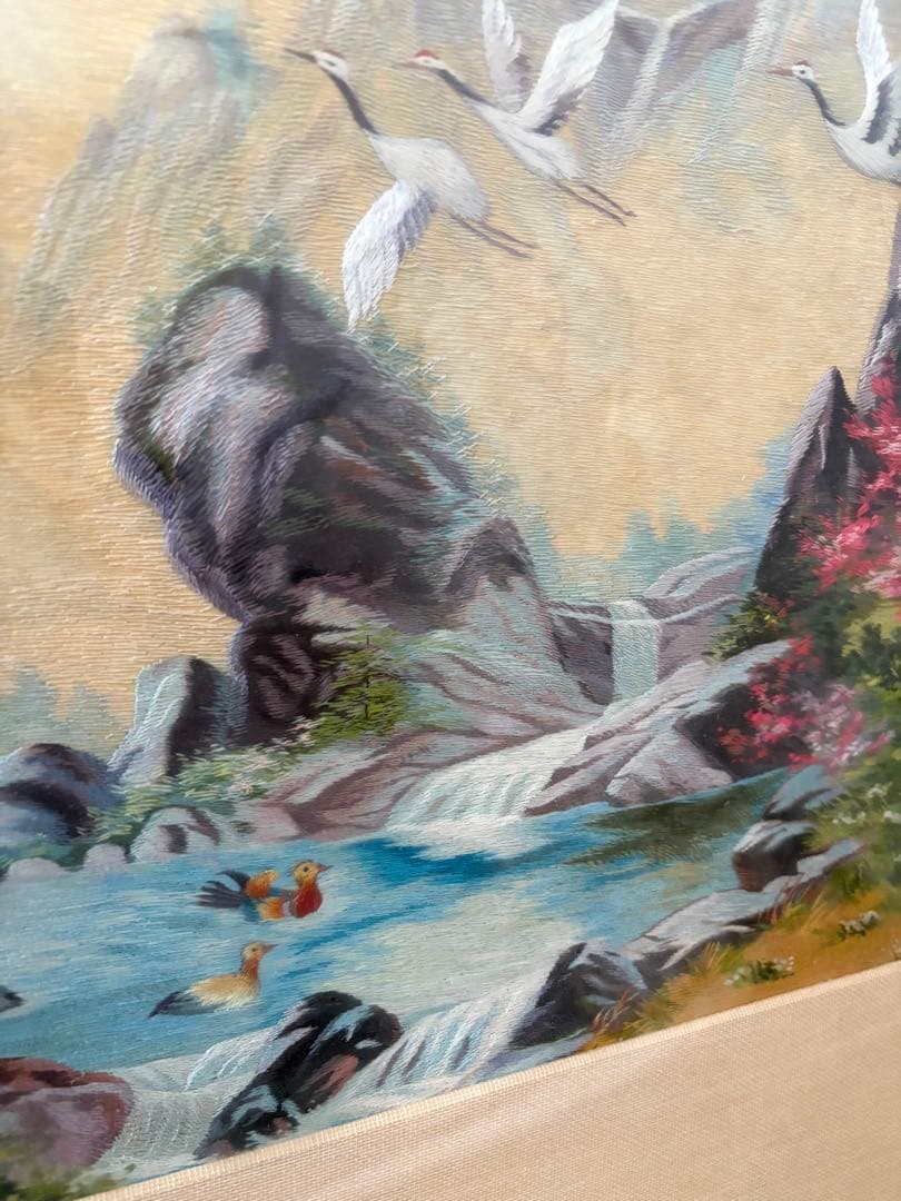 北朝鮮作家　刺繍絵　風景画　額縁付