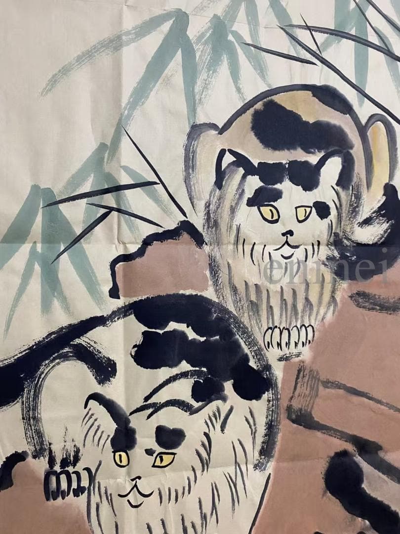 中国古美術 徐悲鴻款 雙猫図三尺画芯 肉筆手描き 動物画 宣紙画芯 証書付 文房